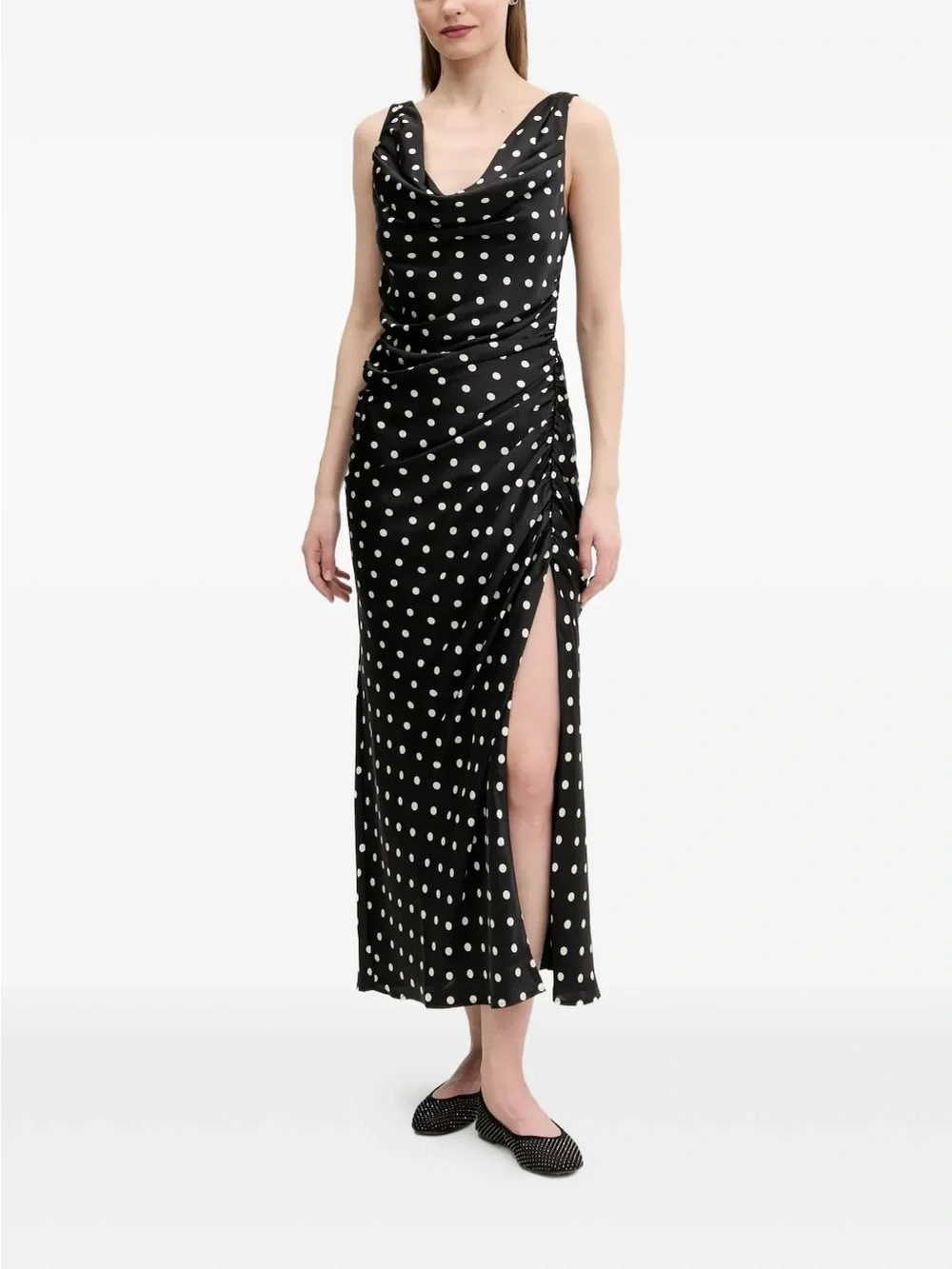 NWT Abercrombie & Fitch Cowl Neck Draped Maxi Dress Black with White Polka Dots